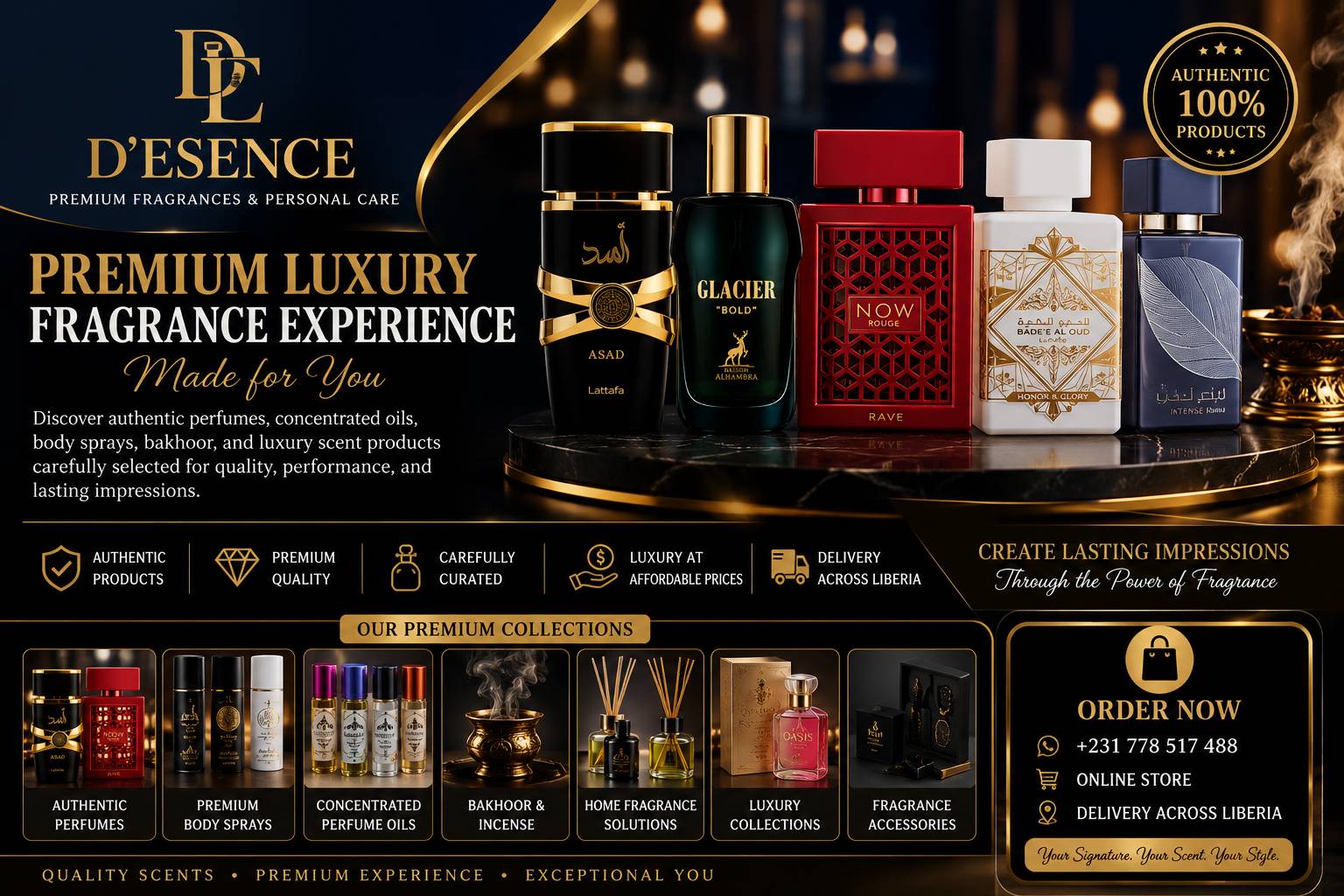 D’ESENCE premium luxury fragrance collection featuring authentic perfumes and concentrated oils available in Liberia