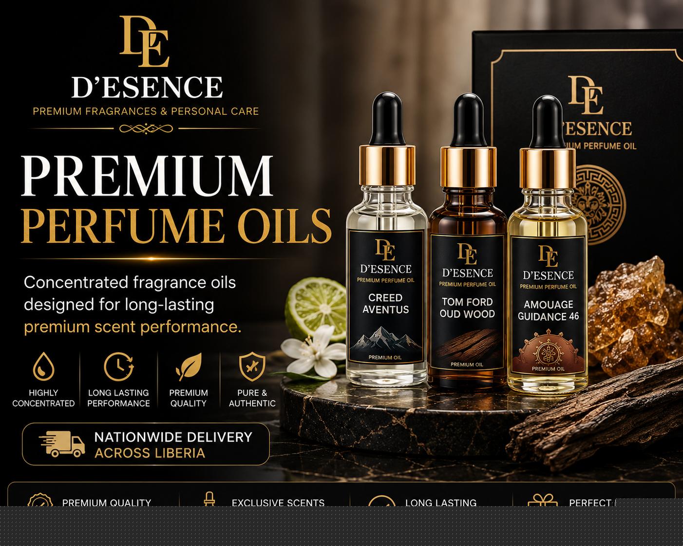 D’ESENCE premium perfume oils featuring concentrated luxury fragrance oils in Liberia