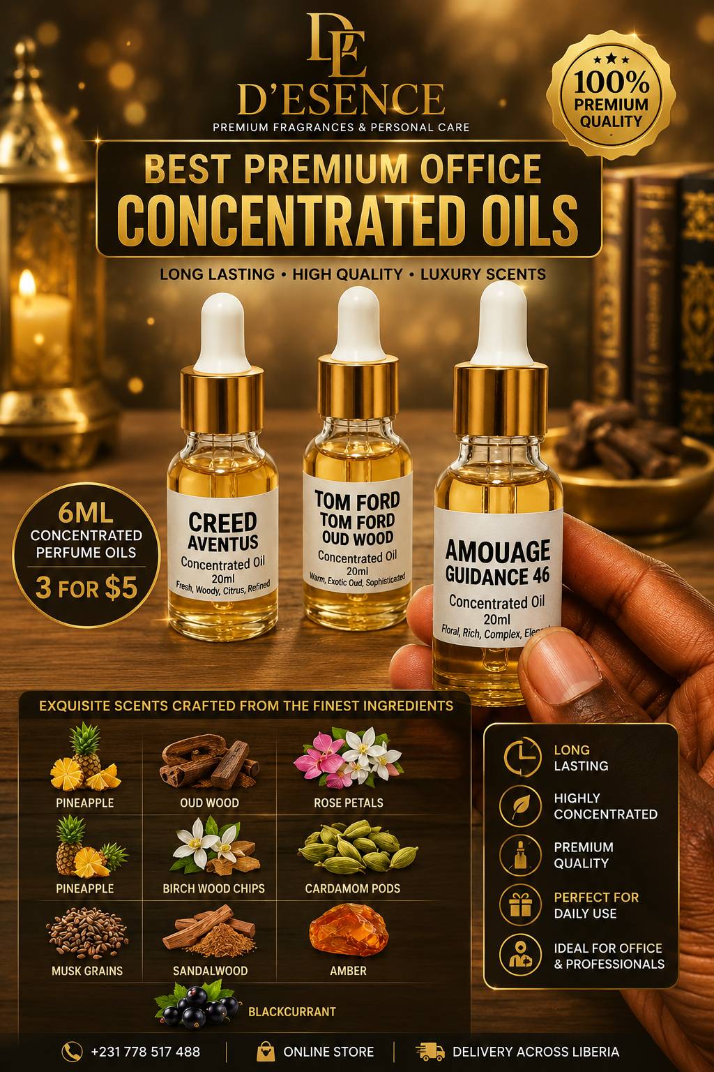 D’ESENCE premium concentrated perfume oils featuring luxury fragrance collections in Liberia