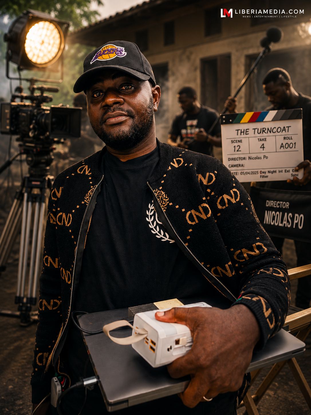 Liberian filmmaker Nicolas Po on a professional film set during movie production