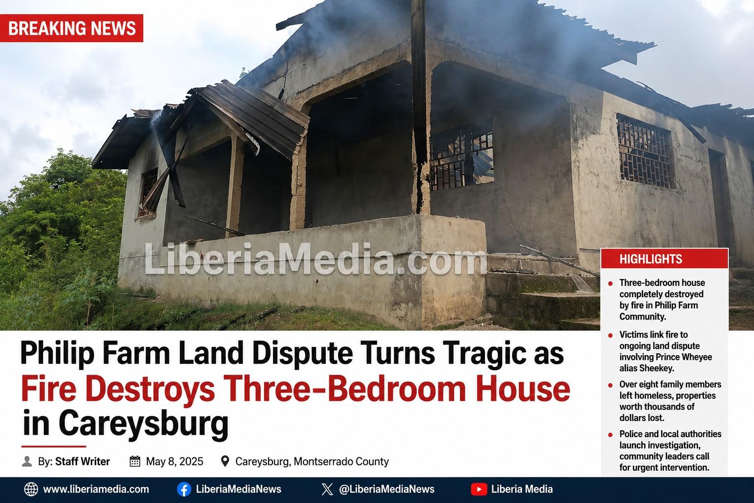 Burned three-bedroom house destroyed by fire during Philip Farm land dispute in Careysburg Liberia