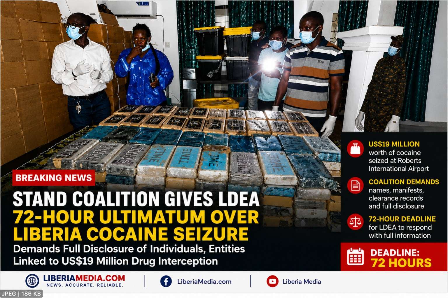 Liberia Drug Enforcement Agency officers display seized cocaine packages worth an estimated US$19 million during a major drug interception operation linked to Roberts International Airport in Liberia.