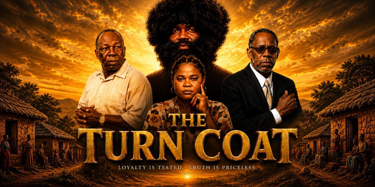 Official movie poster for The Turncoat featuring the main cast against a dramatic golden sunset backdrop symbolizing loyalty, betrayal, and truth.