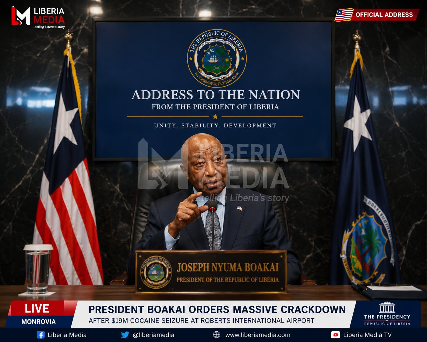 President Joseph Boakai delivering official national address after ordering massive crackdown following Liberia cocaine seizure investigation