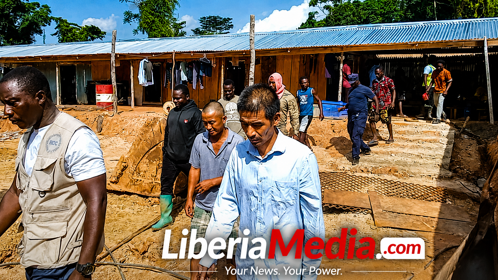 Ministry of Mines and Energy enforcement officers escort suspected illegal mining operators during a compliance operation in Gbarpolu County, Liberia.