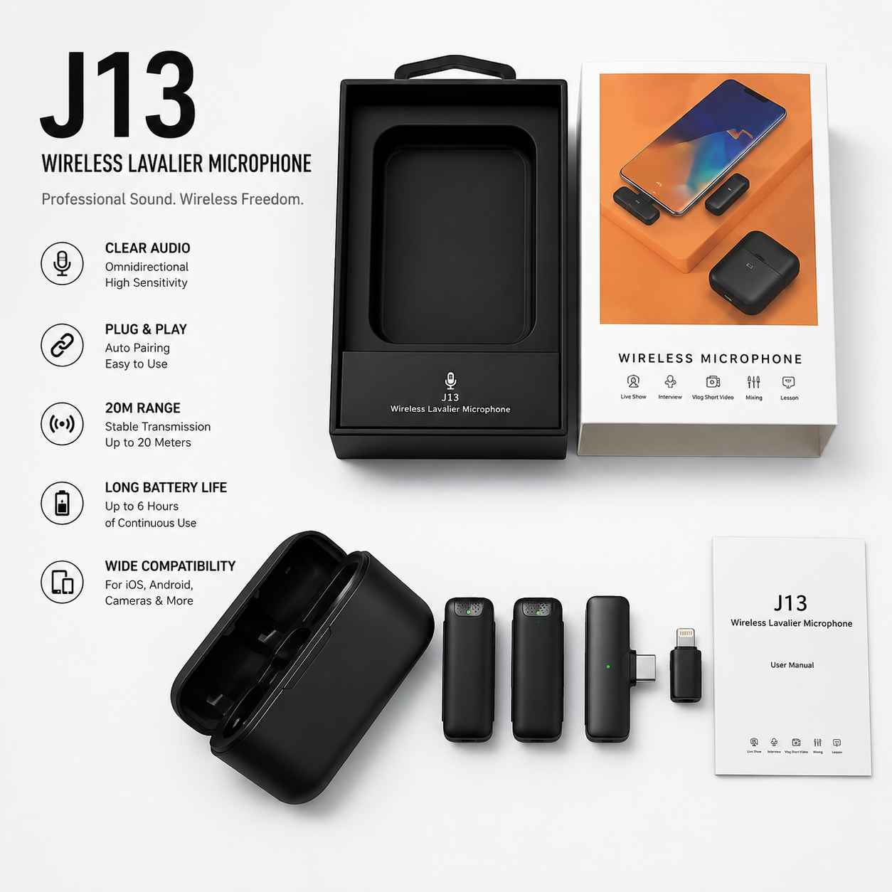 J13 Wireless Lavalier Microphone with charging case