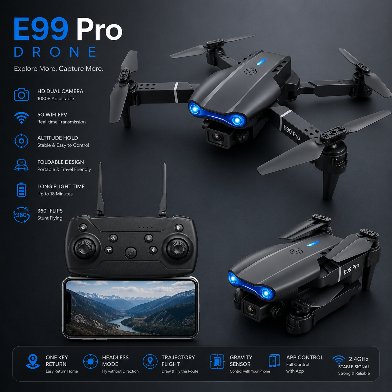 E99 Pro foldable drone with HD camera and WiFi FPV