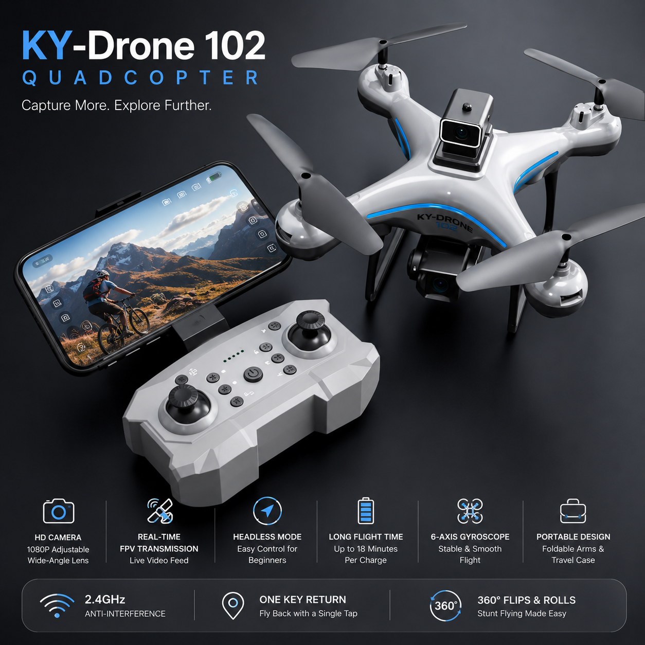 KY Drone 102 Quadcopter with HD camera and obstacle avoidance technology