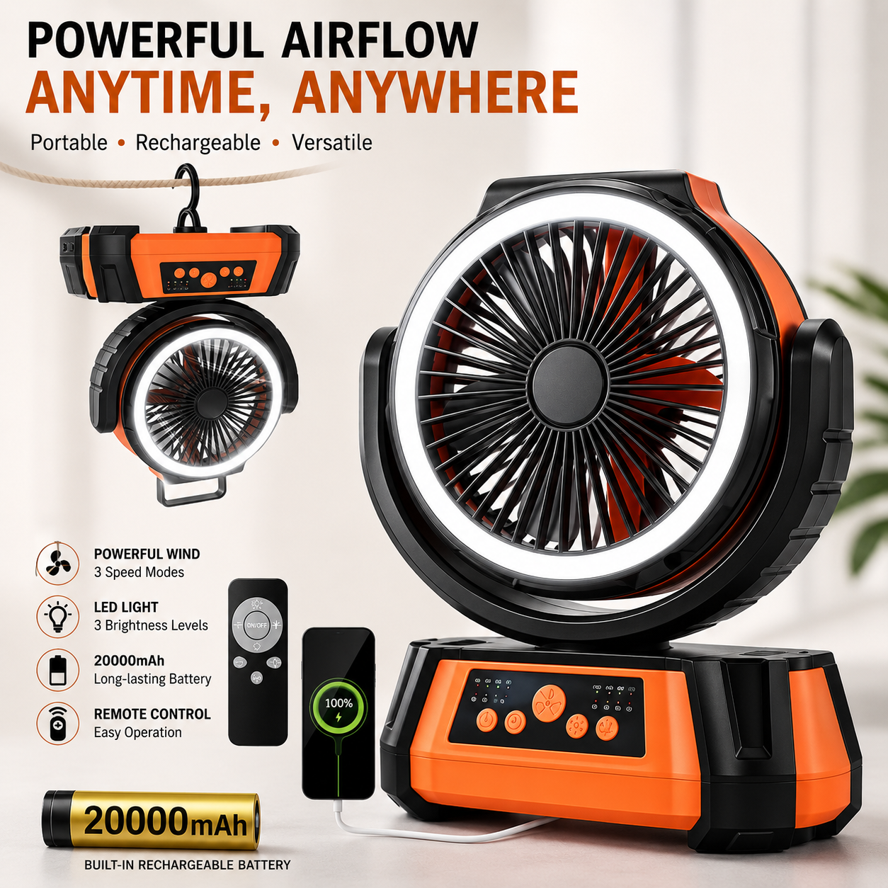 Portable rechargeable fan with LED light and 20000mAh battery