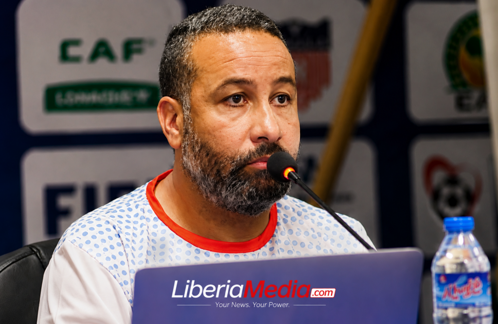 Liberia national team head coach Mohammed Adil Erradi speaks during a post-match press conference following Liberia's international friendly against Sierra Leone.