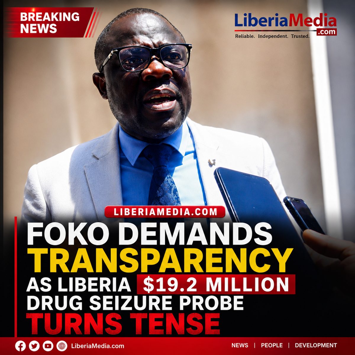 Liberian lawmaker Frank Saah Foko speaking to reporters about the $19.2 million drug seizure investigation