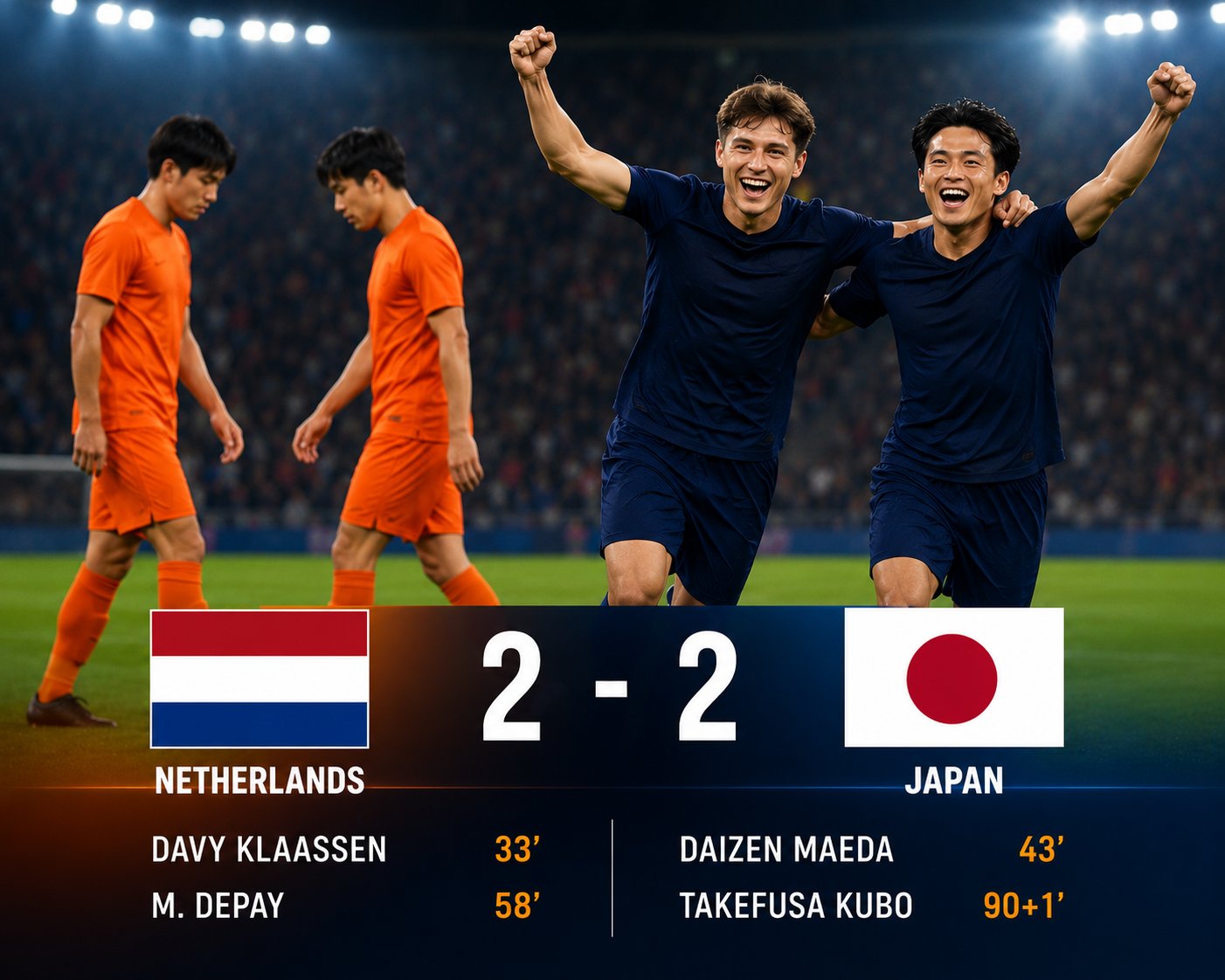Netherlands and Japan players celebrate after a 2-2 draw in the 2026 World Cup, with the final scoreline and goal scorers Klaassen, Depay, Maeda, and Kubo displayed.