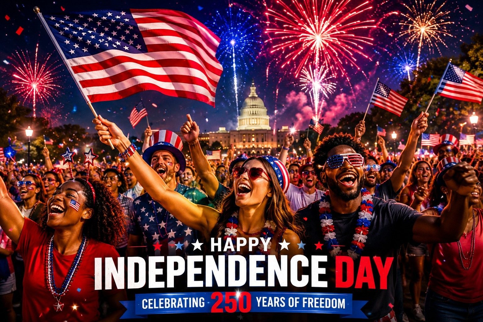 American Independence Day 2026 crowd celebrating with fireworks and U.S. flags