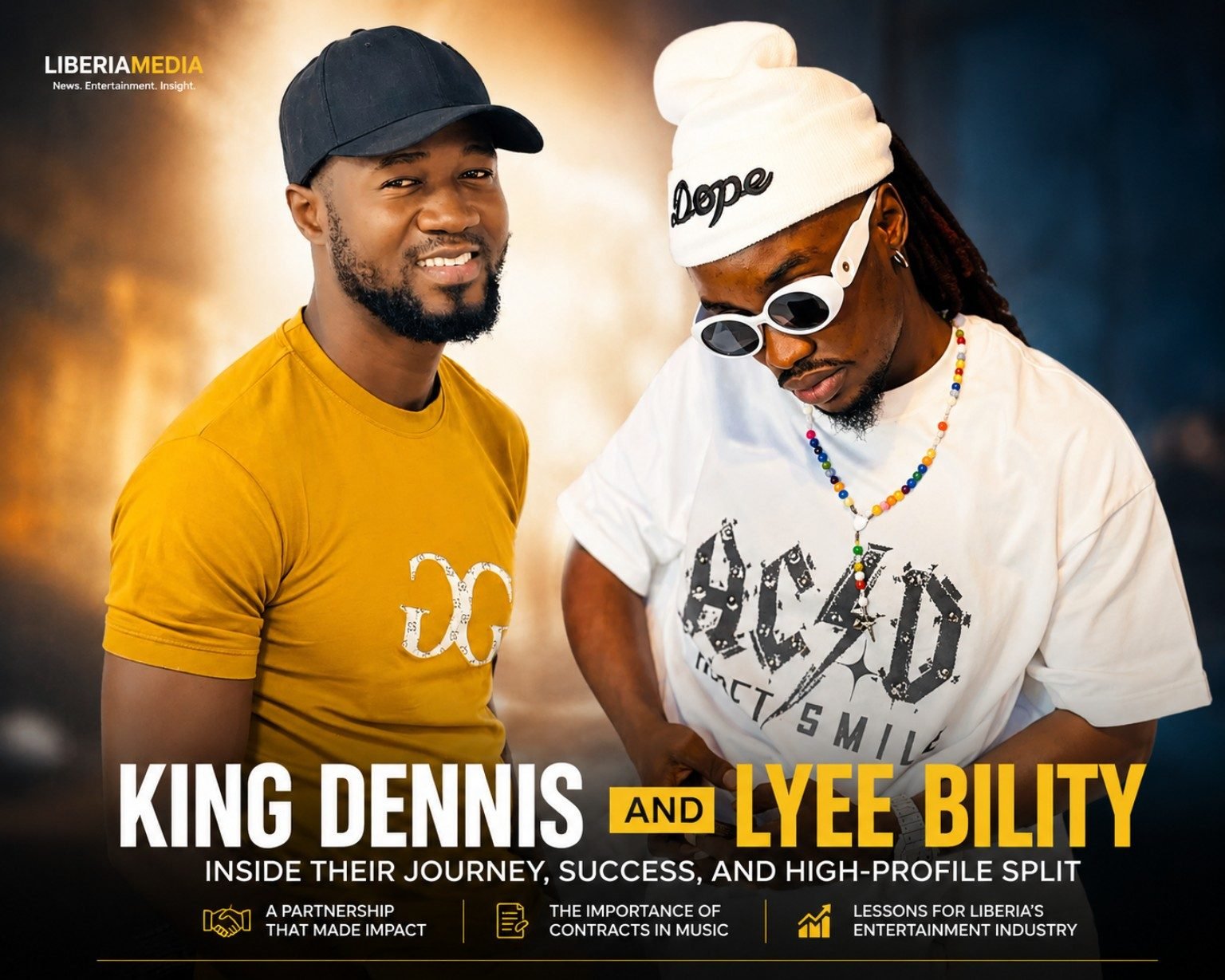 King Dennis and Lyee Bility featured in a LiberiaMedia report discussing their professional split and its impact on Liberia's music industry.