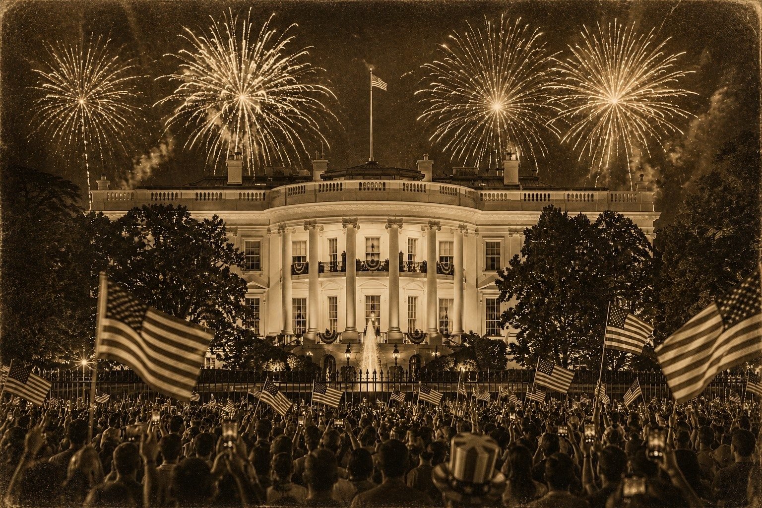 White House Independence Day 2026 Vintage sepia illustration of the White House during American Independence Day 2026 celebrations