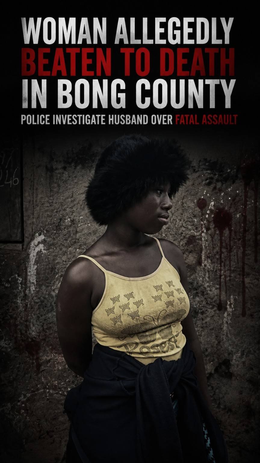 A report image detailing a tragic incident where a woman was allegedly beaten to death in Bong County, Liberia.