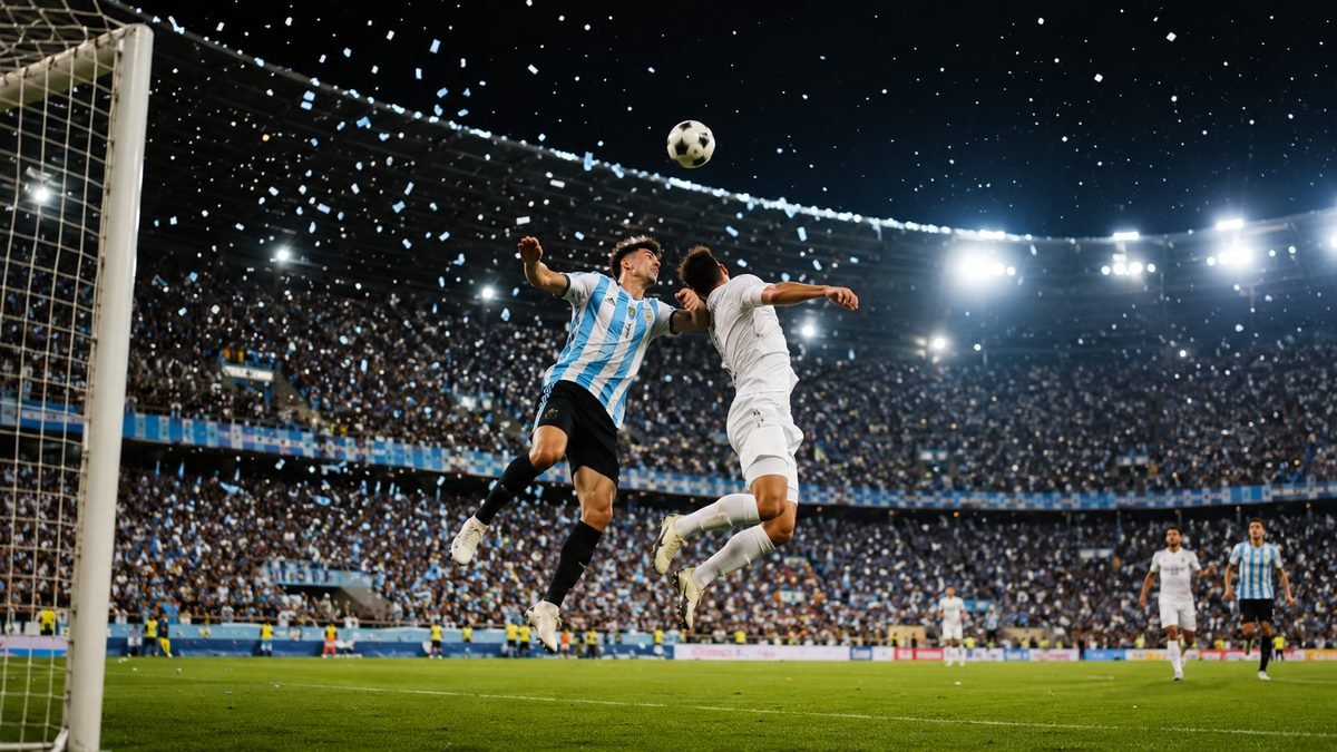 Argentina player and opponent challenge for a header during World Cup semifinal match with confetti falling