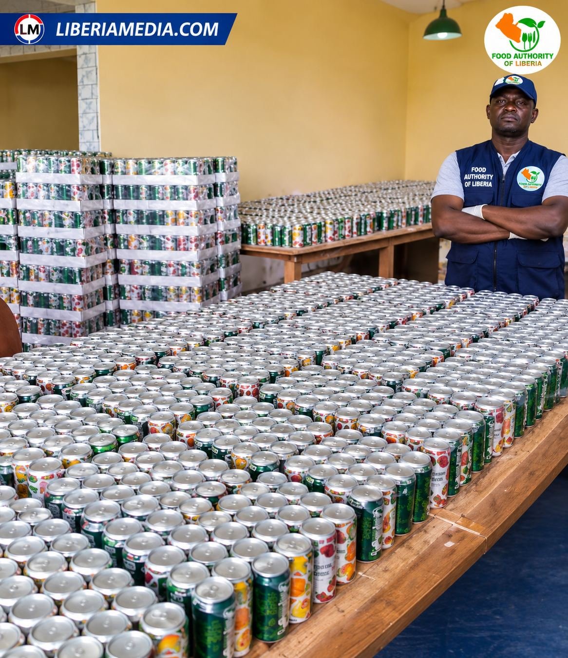 Food Authority of Liberia Inspects Seized Goods Food Authority of Liberia officer inspecting seized expired drinks and unwholesome products in Monrovia.