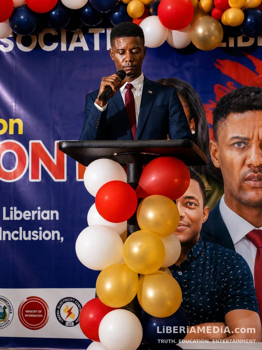 Reporters Association of Liberia President J.H. Webster Clayeh delivers his inaugural address during the 7th Induction Ceremony.