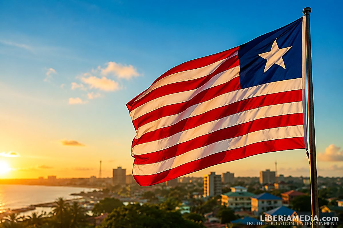 Liberian flag flying at sunset over Monrovia skyline