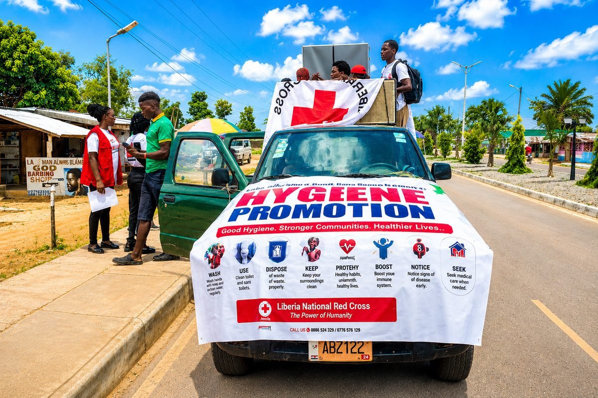 Liberia Red Cross campaign vehicle displaying hygiene promotion banner during fire prevention outreach in Nimba County
