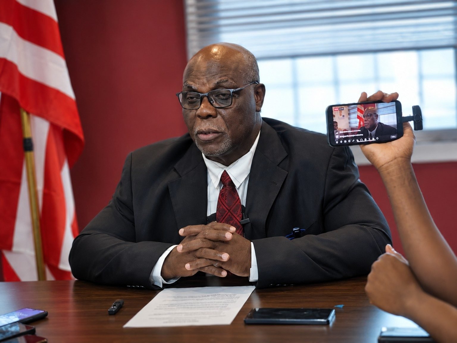 Gregory Blamo, Secretary General of the Liberia National Red Cross Society, addresses journalists during a press conference in Monrovia to renew the flood relief funding appeal.