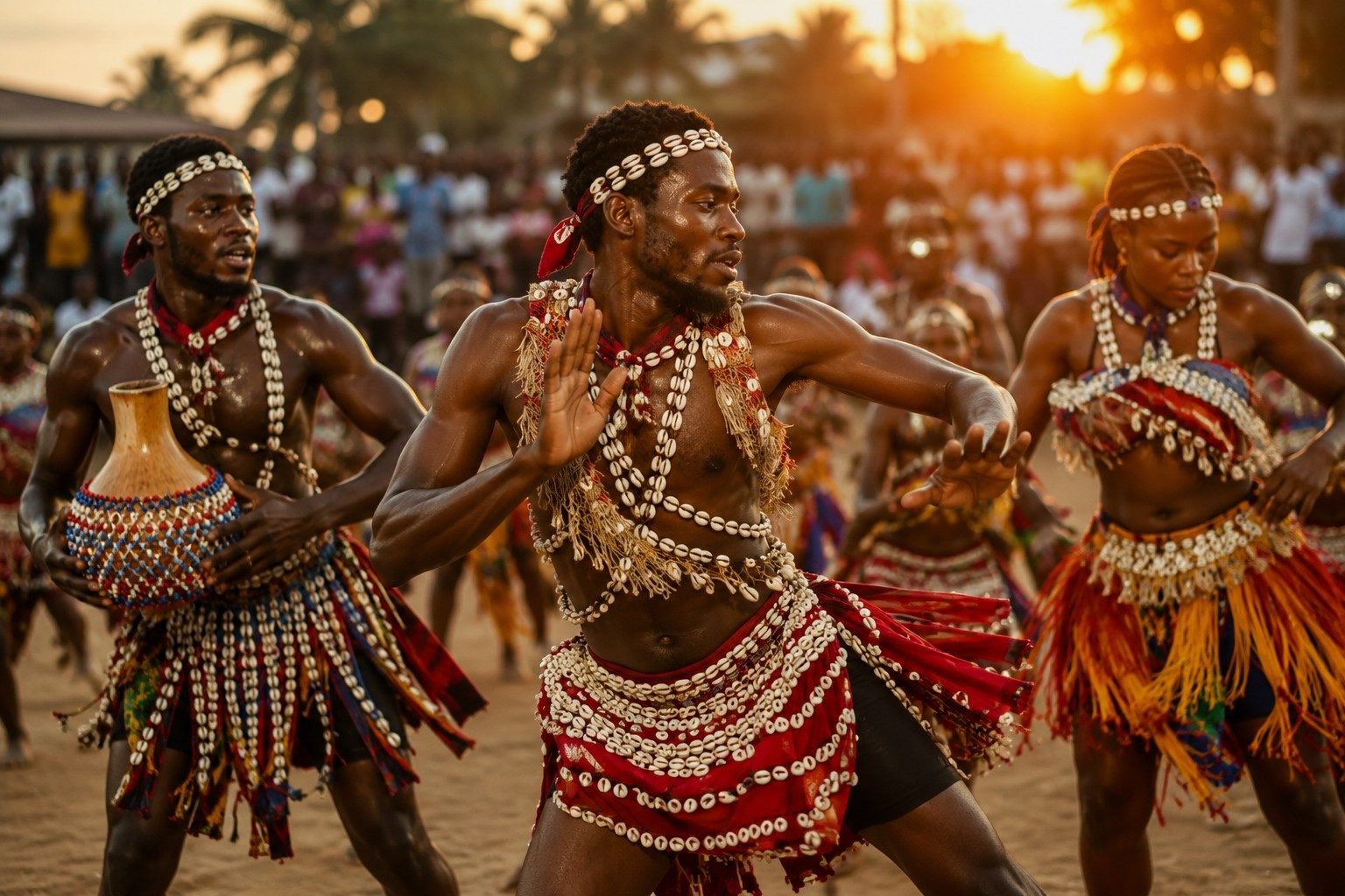 National Cultural Troupe of Liberia performing a traditional dance with sasas.