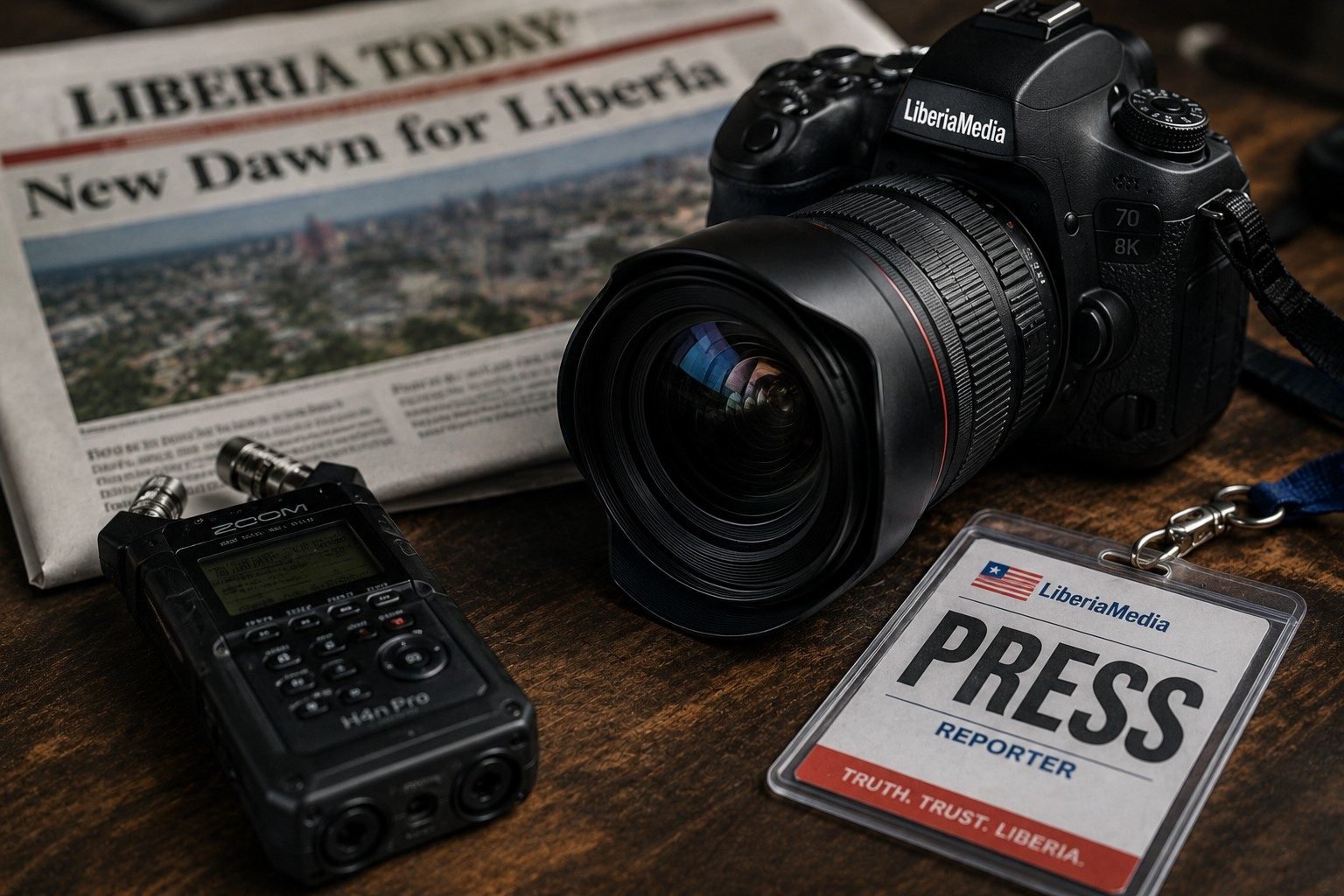 Professional journalism equipment and press badge on a desk with a Liberian newspaper.
