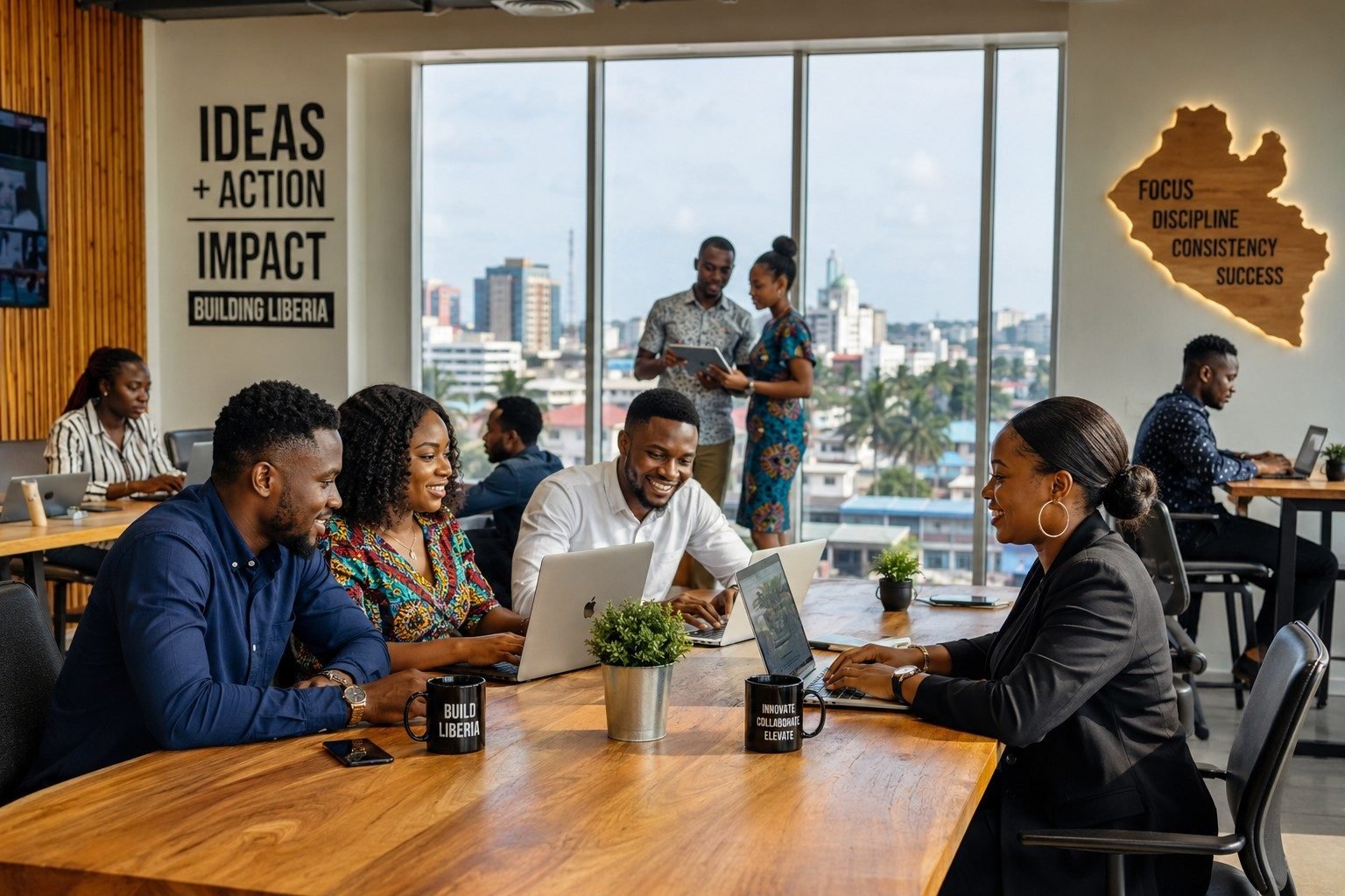 Young Liberian entrepreneurs collaborating in a modern Monrovia tech hub.