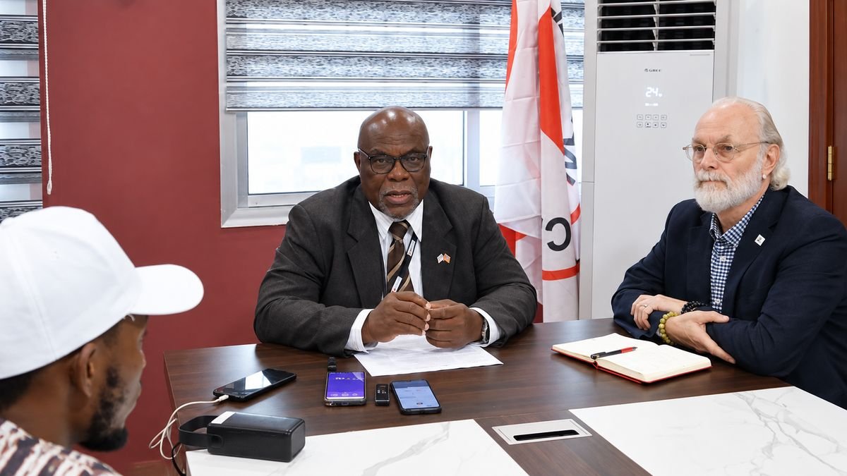 Gregory T. Blamoh briefs reporters on the Liberian Red Cross flood response in Monrovia.