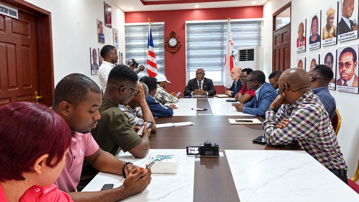 Gregory T. Blamoh briefs Red Cross staff and partners on the flood response in Monrovia.